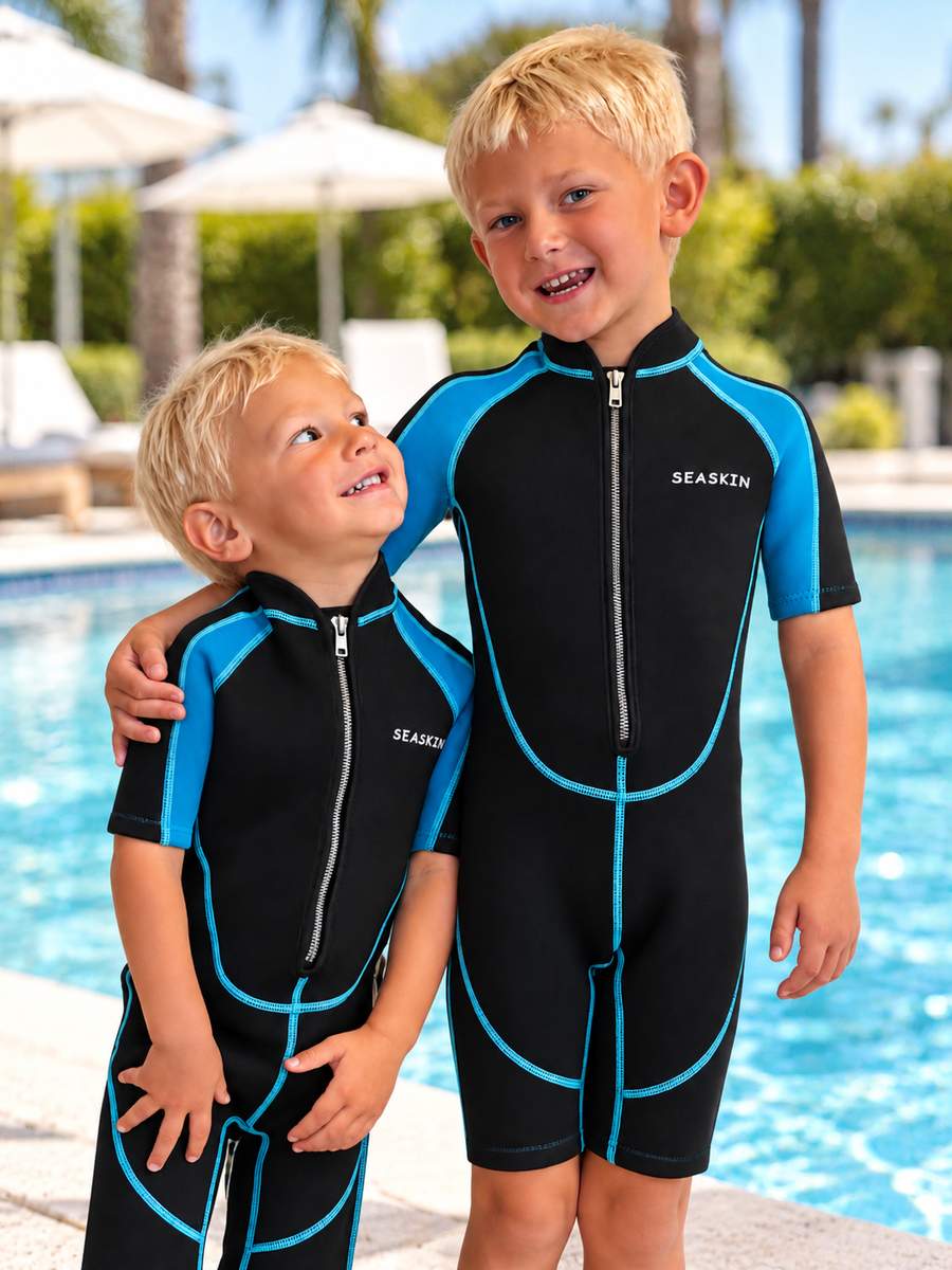 Two children wearing black and bright blue wetsuits beside a swimming pool